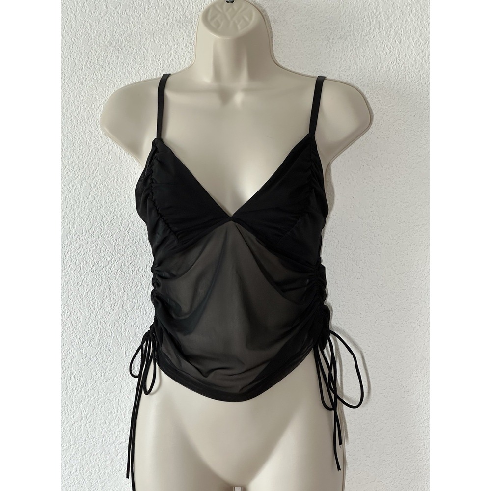Y2K Black Lace Sheer Cami Tank Top Stretch Ruched Side Whimsigoth Fairy Grunge M